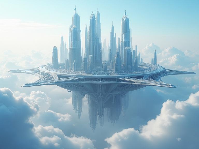 A floating utopian city amidst clouds features futuristic architecture. Buildings defy gravity with transparent pathways. The design shows advanced technologies. An immense sense of awe and wonder is portrayed in this ethereal cityscape. Creative architecture meets visionary technology.