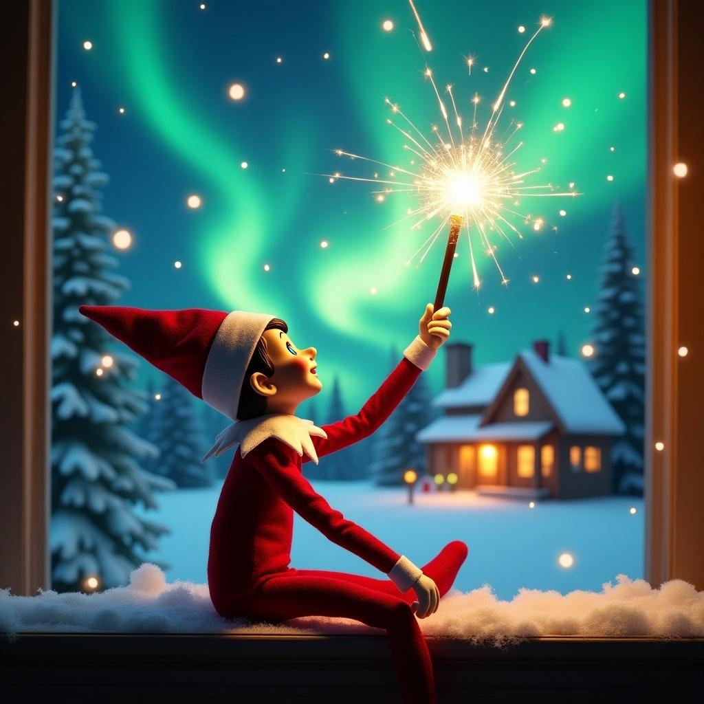 Elf on the shelf gazes skyward. Holds glowing wand emitting sparkling light. Background features winter scene with northern lights above. Cozy decorated house in distance. Snow covers ground. Playful posture enhances festive spirit. Name 'Gorm' written in light from wand.