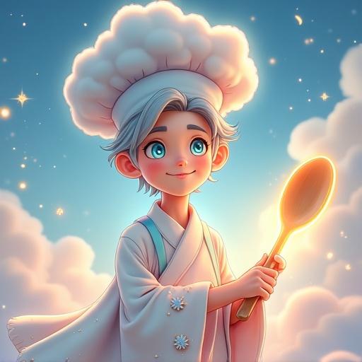 A dreamy male-presenting magical chef with silver hair and blue eyes. Wears a fluffy chef hat and pastel robe with weather symbols. Holds a glowing wooden spoon. Background features pastel clouds and sparkles. Clean lines and vivid colors, resembling Studio Ghibli and Pixar art styles.