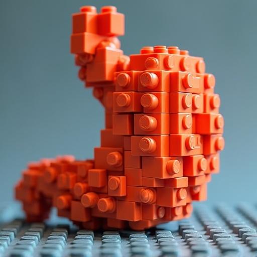 A structure resembling a stomach made from bright orange LEGO bricks displayed on a gray surface.