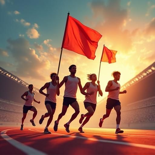 Image depicts runners participating in a torch relay at an athletic meet. Front runner holds a flag. Four other runners follow, each with a flag. Background shows a stadium.
