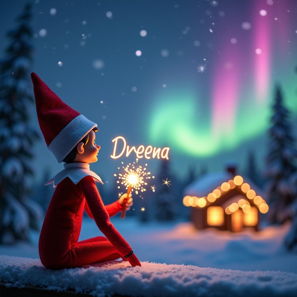 Elf on the shelf gazes skyward with a glowing wand. Colorful northern lights swirl above a cozy house in the background. Snow covers the ground, enhancing the winter setting. The elf embodies holiday magic, with the name 'Dreena' written by the wand.