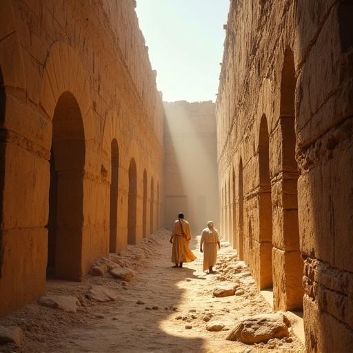 Dramatic portrayal of a panoramic scene in an ancient necropolis. Sunlight illuminates ancient walls while figures fall through the corridors.