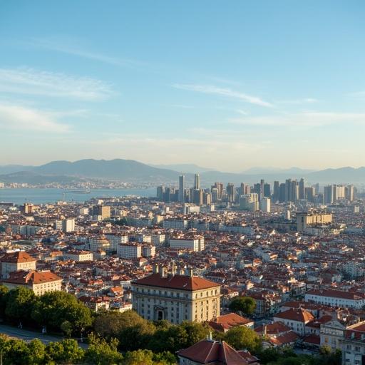 Aerial view showcasing the city of Estocolmo. Buildings and structures are visible with greenery in the foreground. Clear sky above. Blue waters in the backdrop.