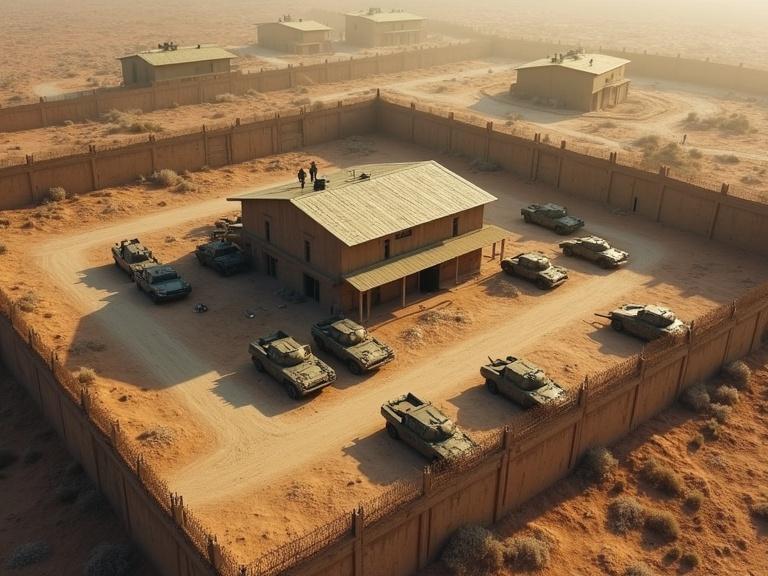 Aerial view of a military garrison. High walls surround the area. Barbed wire on top. Office buildings and several tanks positioned around. Central building with car chassis parked.