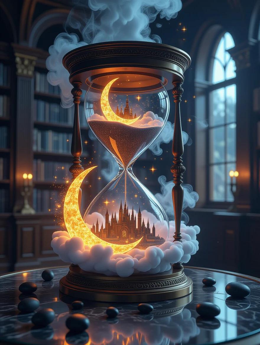 A magical 3D hourglass sits on a glass table in a library. Inside the hourglass thick smoke and fire rise. Black stones surround the base. A crescent moon forms from clouds and fire, leading to an urban landscape within. Potions float around in a fantasy style. The artwork captures a high magical essence.