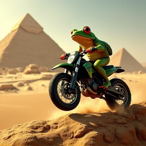 A frog drives a motorcycle above the pyramids of giza
