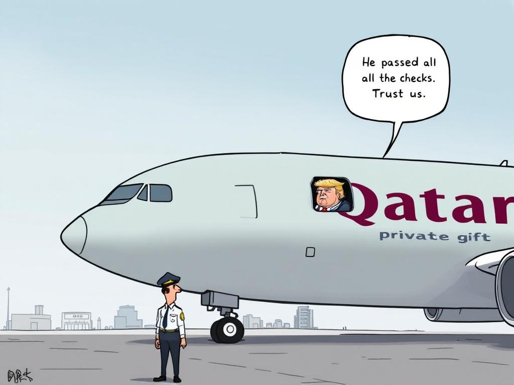 A satirical cartoon in a minimalist newspaper style features a man resembling Donald Trump in the cockpit of a Boeing with 'Qatar' written on it. The plane has 'Private gift' inscribed on the side. A confused customs officer stands below the aircraft. The caption reads: 'He passed all the checks. Trust us.'