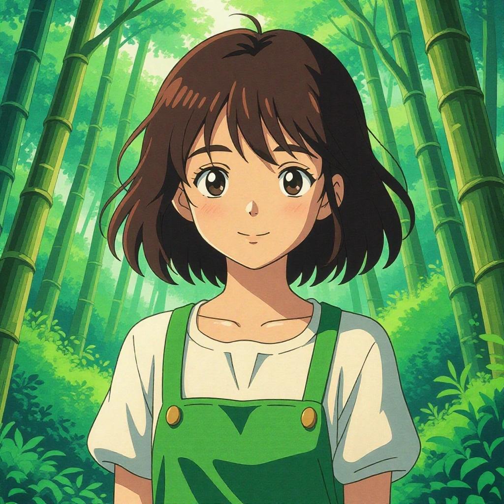 Anime girl in Studio Ghibli style. She has brown hair, wearing a green overall. Background features a bamboo forest with bright, lush greenery.
