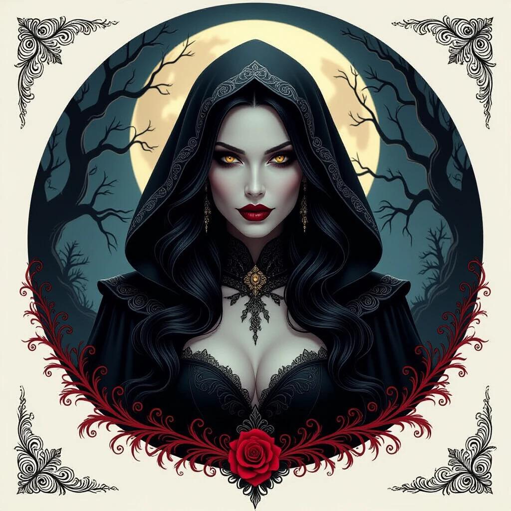A striking figure emerges from shadows wearing a dark ornate hooded cloak. Long wavy black hair cascades around shoulders. Golden eyes convey haunting allure. Bold red lips accent vampiric nature. Full moon glows in background illuminating intricate attire. Dark twisted trees create a mysterious atmosphere. Rich tones and soft contrasts meld artistry with supernatural flair. Image evokes beauty and danger.