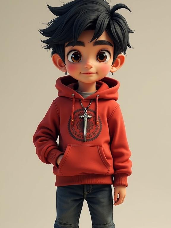 A 11-year-old boy with big brown eyes and tousled black hair. He is wearing a red hoodie with Arabian art pattern and dark jeans. A silver Janbiya pendant hangs from his neck. The character looks energetic and brave while playing football.