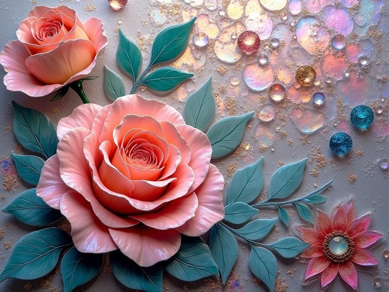 3D iridescent ceramic tile and glass mosaic. Ethereal and abstract aesthetics. Features roses in mixed media style. Decorative floral arrangement with a textured background.