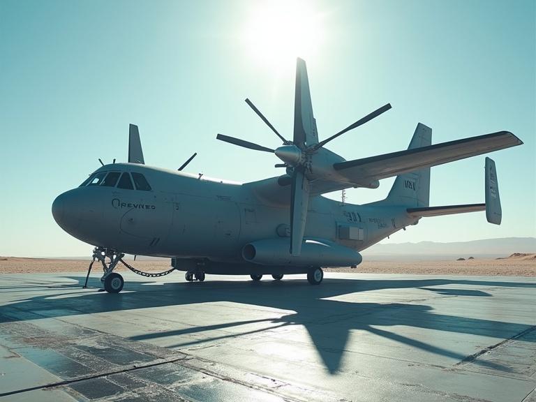 Cinematic live action scene featuring a dark grey sci-fi drop ship in a sunny desert. The aircraft is sleek with bevel edges. Blue sky serves as background. A bright sun is behind the aircraft. Anamorphic lens flare appears in the foreground. Silver metal crates are positioned nearby. Floor shows a silver grate texture with reflections and shadows.