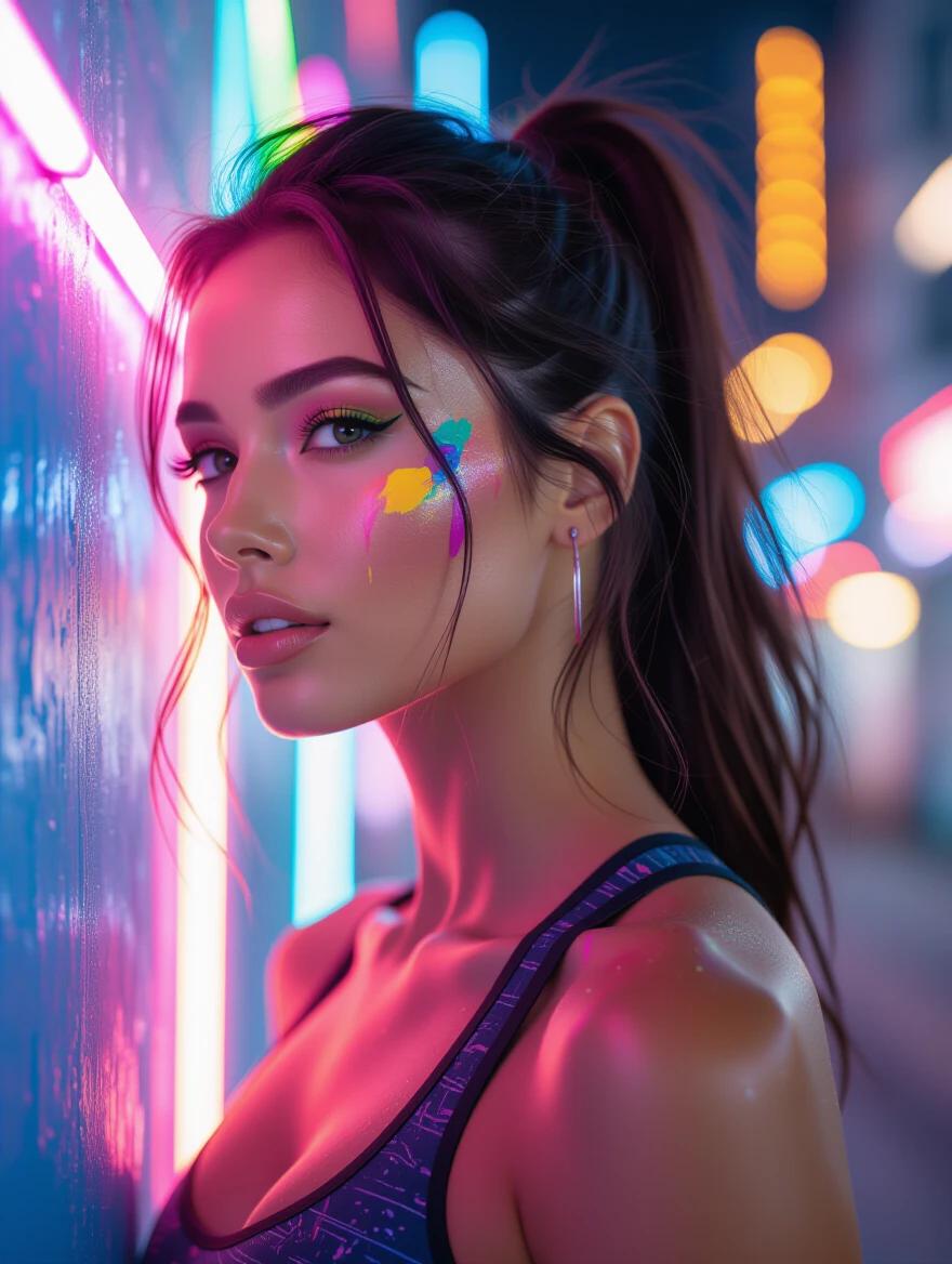 Portrait of a fit woman against a colorful background. Vibrant neon lights enhance paint splashes on skin. Emphasizes her profile with dramatic lighting.