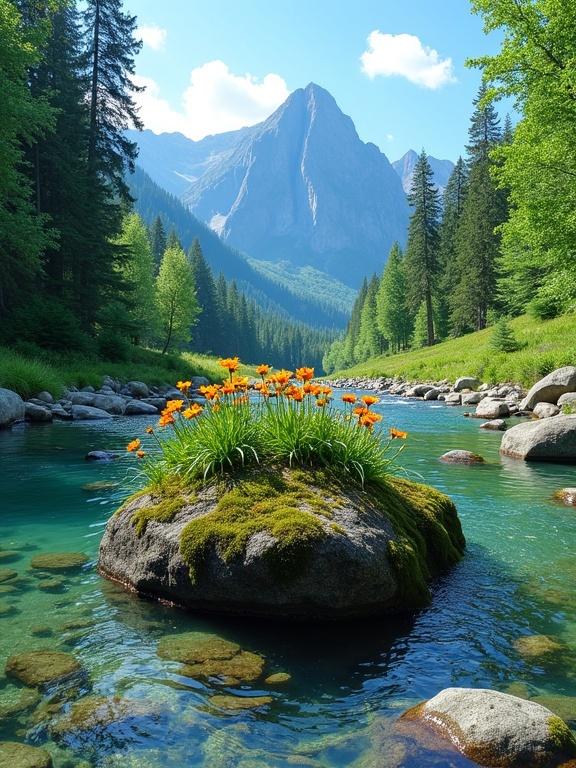 A picturesque natural scene features vibrant flowers on a moss-covered rock in a clear stream. The rock is medium-sized and irregularly shaped. The stream is blue-green with gentle ripples. Rugged mountains and dark green forest are in the background, under a clear blue sky. Tall trees frame the scene.