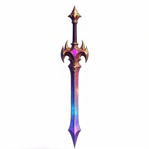 Photorealistic fantasy-inspired game asset showing a magic sword. Isolated on transparent background with no shadows. Neutral lighting highlights vibrant patterns. Rendered in game-ready quality, 50mm lens, f/2.8, with crisp depth of field.