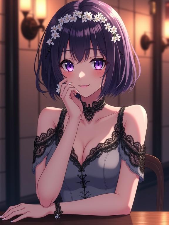Japanese anime illustration featuring a graceful woman with fair skin and purple eyes. She has dark violet bob cut hair with a flower crown. Subtle smile and chin resting on hand, showcasing a ring and bracelet. Dressed in a stylish gray dress with Asian design elements and lace detailing. Front-facing, in a luxurious bar setting with warm lighting.
