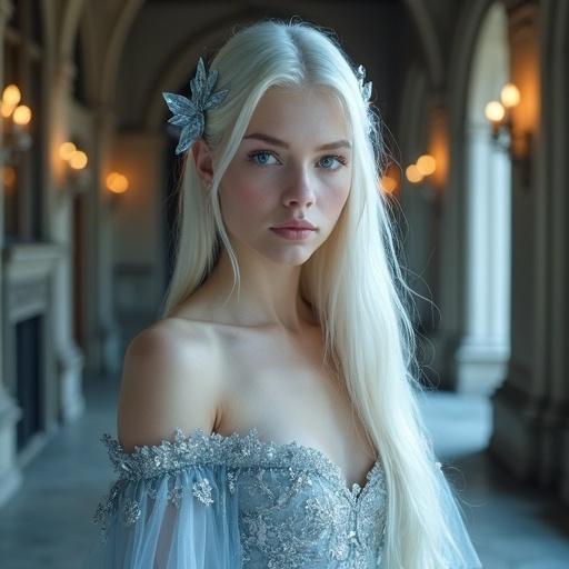Adult woman around 25 years old with long straight platinum blonde hair adorned with icy crystal hair ornament. Calm and distant smile with porcelain smooth skin and delicate features. Nordic fairy-like characteristics with high cheekbones and blue eyes. Large bust and slender waist visible under elegant noble garments. Ethereal fantasy gown made of translucent icy fabrics with silver embroidery. Standing in a grand candlelit dining hall with tall arched windows and stone columns. Soft magical lighting creates a cool and otherworldly atmosphere.