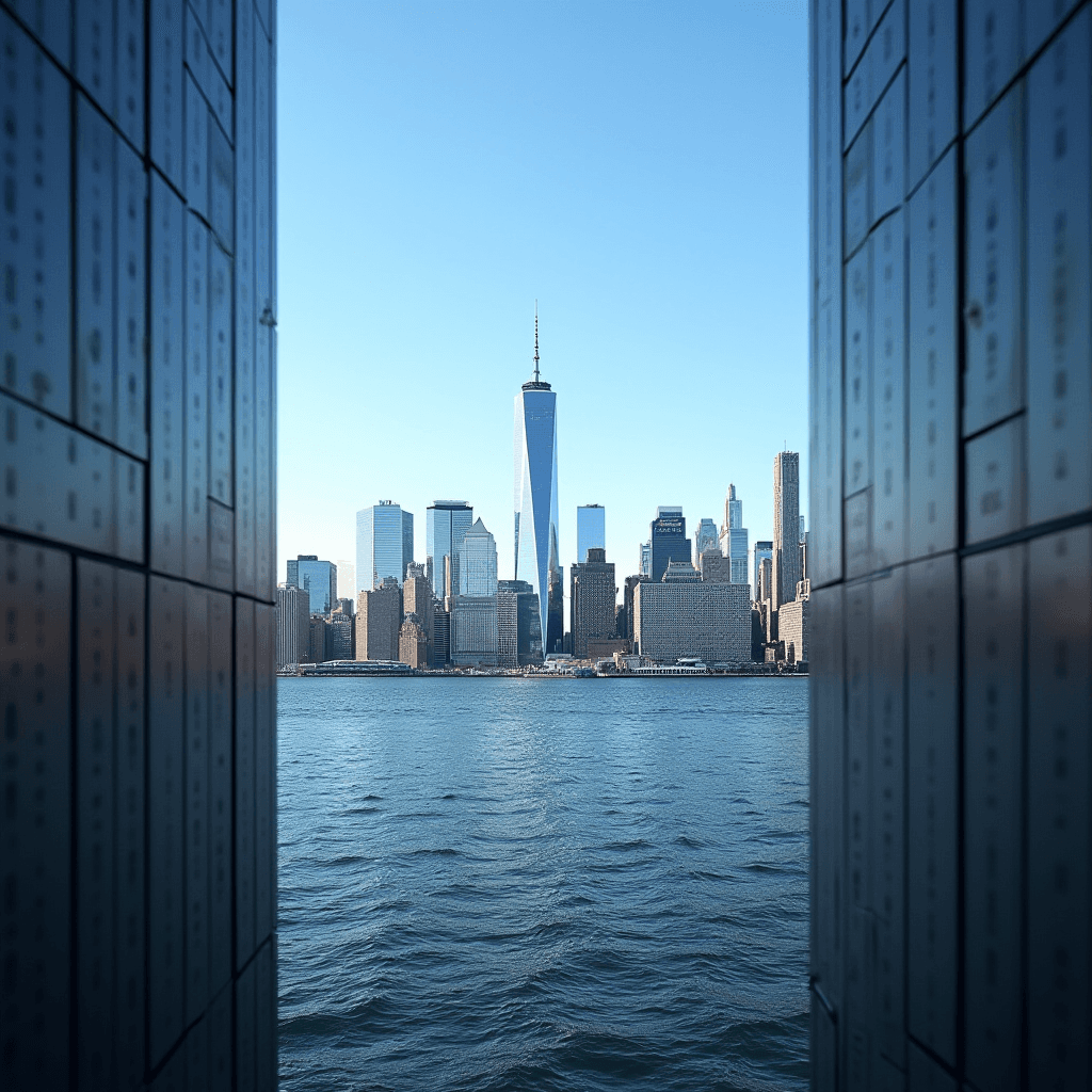 A picturesque view of the New York City skyline with the One World Trade Center prominently visible over the water.