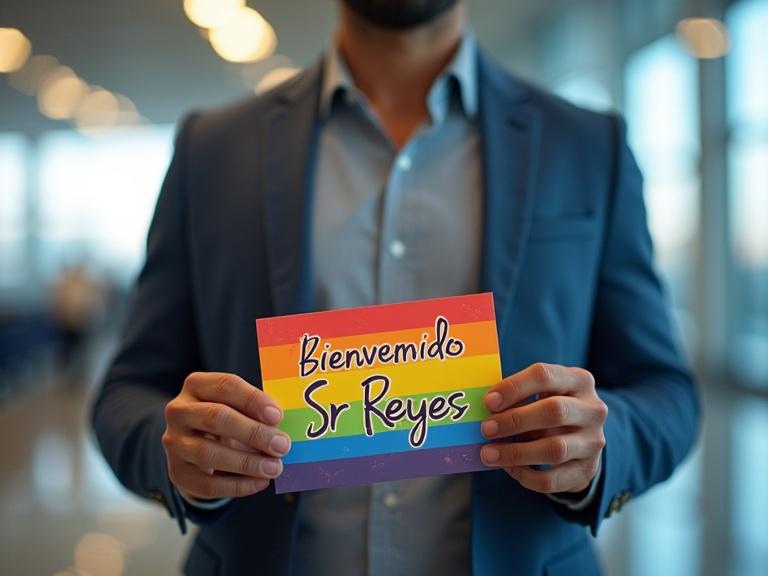 Create a welcome sign that says 'Bienvenido Sr Reyes' using corporate branding of 'amamosloshombres.com' to receive a colleague at the airport. Use vibrant pride colors and a corporate format without explicit content.