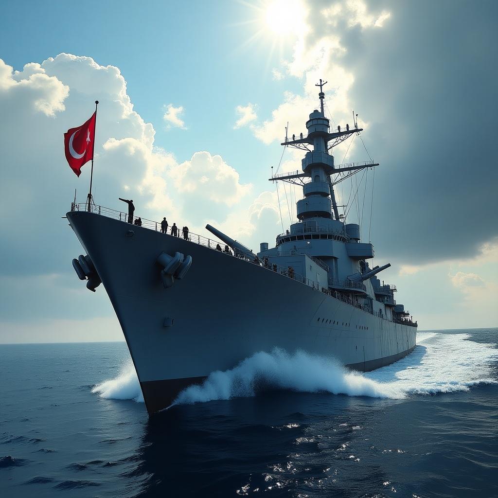 Large battleship moving through the ocean. Gray hull with deck crews. Prominent red flag flying. Background features dramatic clouds and sunlight creating an imposing atmosphere.