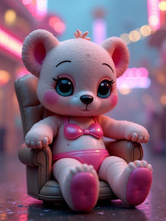 Chibi teddy bear sits in a chair. Wearing a pink bikini over a latex suit. Soft textures and doll-like features. Background shows a theme park with carnival lights. Colorful neon seams and fog create a whimsical atmosphere. The doll has mismatched eyes revealing an uncanny charm. Overall vibe is dreamy and surreal.