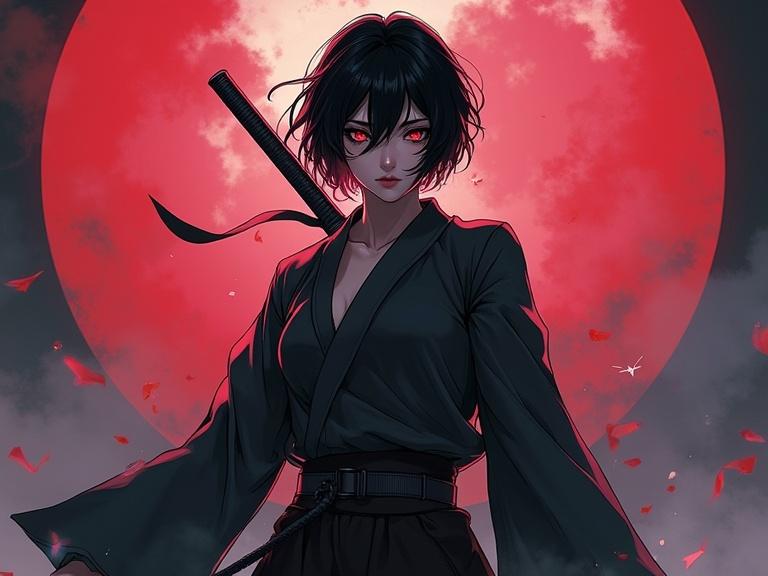 A female ninja with black short hair posing dynamically. Dressed in hot pants and a black top, holding a katana. A dramatic red circle background with petals falling. Cinematic lighting adds depth.