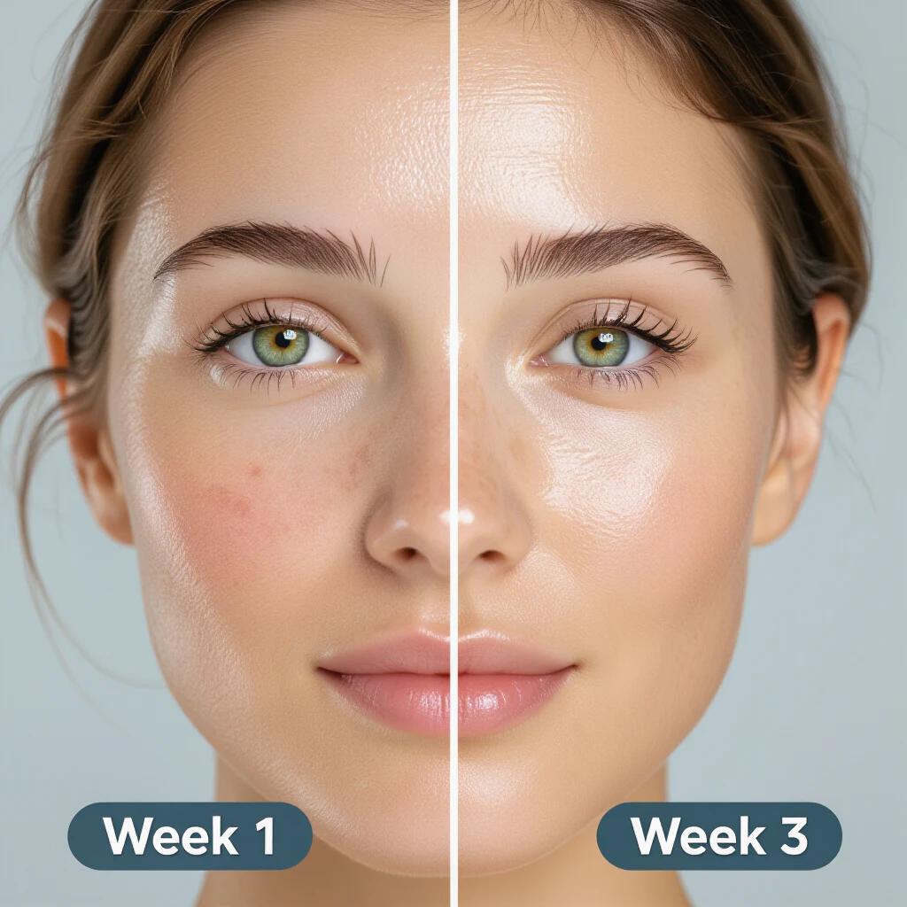 Realistic close-up view of woman's face. Left side shows skin with acne labeled week 1. Right side shows glowing skin labeled week 3. Divide face into two halves for comparison.