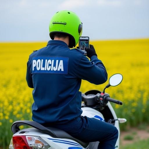 Police officer on a white Yamaha motorbike taking a photo in a flower field. The police officer wears a blue uniform with POLICIJA on the back. A bright green helmet is worn. The scene shows a vibrant yellow flower field.