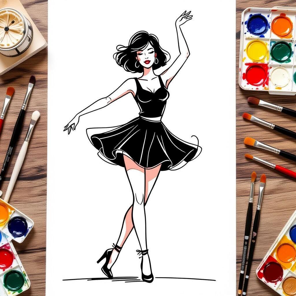 A dancing girl illustrated with clean lines. One arm raised and body curved. She wears a short flared skirt and one leg is extended. The drawing is abstract and elegant with flowing lines. The style captures the energy of disco dancing.
