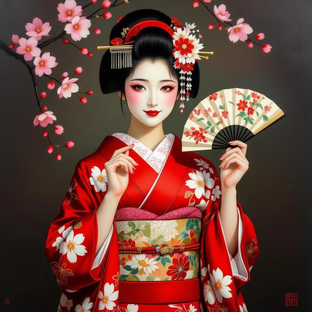 Oil painting depicting a girl in a traditional Japanese geisha outfit. She is wearing a red kimono decorated with floral patterns from sakura. The focus is on her charming posture with a slight head tilt and a confident playful expression. Her gaze is soft, and her hairstyle includes an okobo hair accessory. She has subtle makeup and a relaxed stance while holding a decorative fan near her face with delicate hand gestures. The background is dark with warm lighting, showcasing detailed textures and high-quality art in a cinematic composition.
