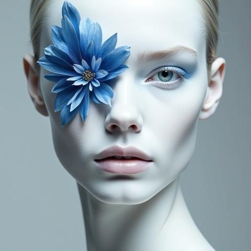 Close-up image of a fashion model's face. Porcelain white skin with blue and white floral pattern. Grey studio background. Hyperrealistic style.