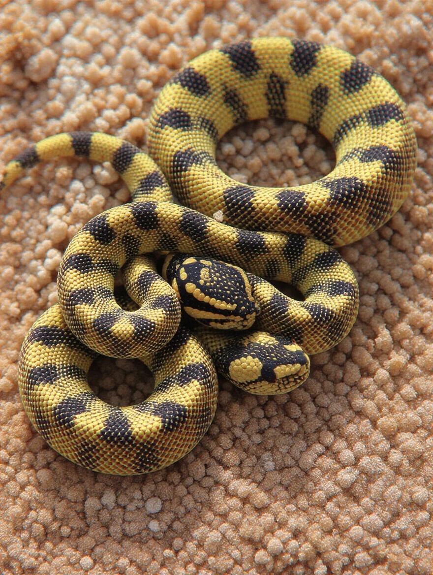 A snake with yellow and black scales rests on sandy ground. The snake coils elegantly. The background consists of soft beige sand. The snake shows unique patterns and colors. Illustrates natural beauty.