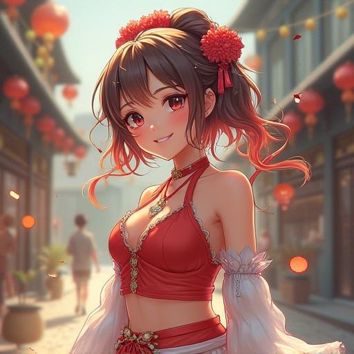 A beautiful woman in traditional attire stands in a street. The outfit is colorful and elegant. The background depicts a lively street market with lanterns. The ambiance is festive and joyful. The lighting is warm.