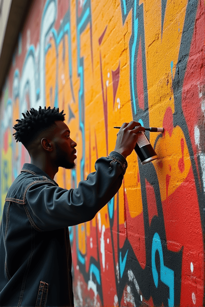 A person spray-paints vibrant graffiti on a wall, featuring bold colors like orange, red, blue, and black.