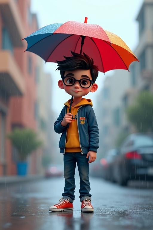 3D Pixar illustration of a 16-year-old boy standing in a road holding a colorful umbrella. He wears a dark blue pant and jacket. A Supra MK4 car is seen in the background. His shirt displays the name 'REHAN' in front. Rain is falling around creating a beautiful sight.