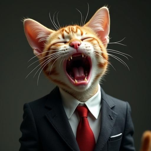 A semi-realistic cat wearing a suit is crying loudly with tears pouring down its face. The mouth is open in distress.