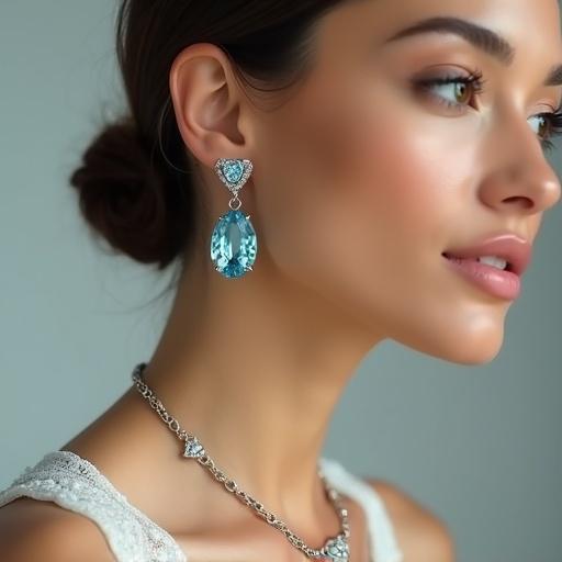 Sophisticated female model wears exquisite trillion aquamarine gemstone jewelry. Close-up shot showcases stunning aquamarine pendant, complementing earrings, delicate bracelet. Soft ambient studio lighting enhances blue hues. Model's makeup is minimal and elegant. Polished and editorial look with high-fashion vibe. Sharp focus highlights jewelry clarity and brilliance.