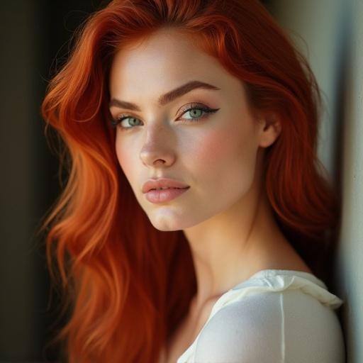 Striking portrait of a confident woman with red hair and heterochromia in soft natural light.