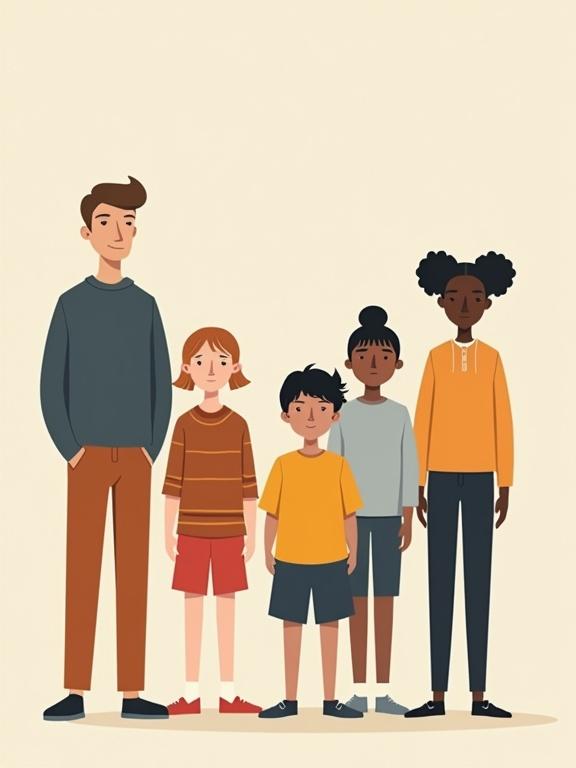 A group of diverse children with two adults standing in a minimalist style. Characters exhibit exaggerated silhouettes and playful postures. Clothing is simplified and features neutral tones. Illustration is flat vector art with a focus on inclusivity.