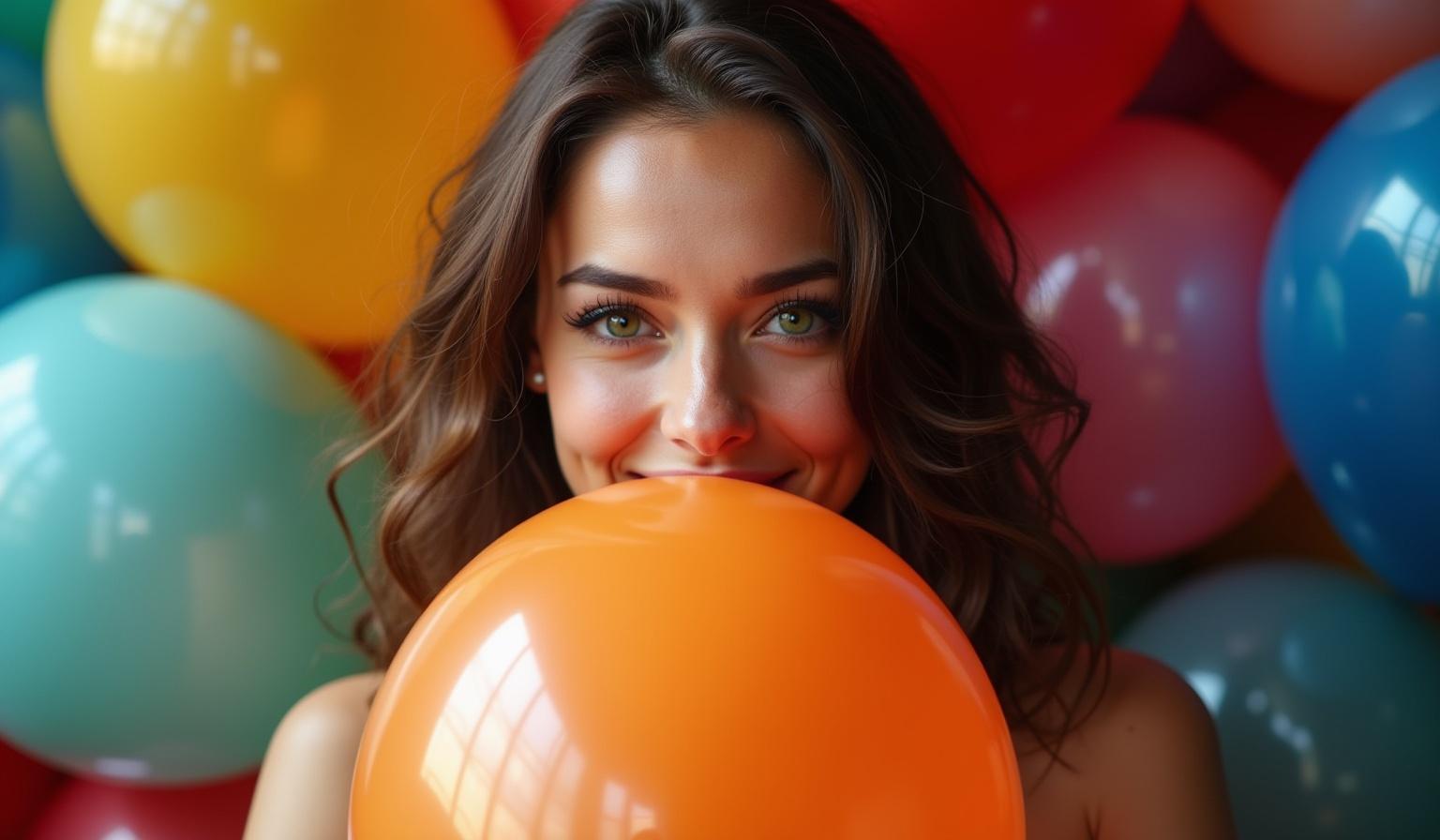 Beautiful brunette with striking green eyes and soft wavy hair squeezes a giant orange balloon. Dramatic lighting highlights her features against a colorful background of Giant Qualatex balloons.