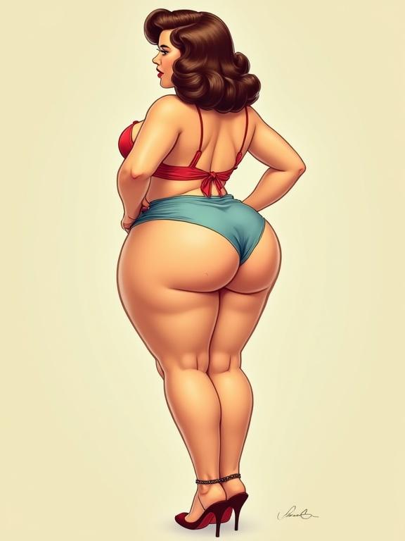 Pinup model in a bikini with a curvy figure. Illustration showcases a vintage style with pastel colors. The model stands in high heels viewed from behind. She has wide hips and a plump figure.