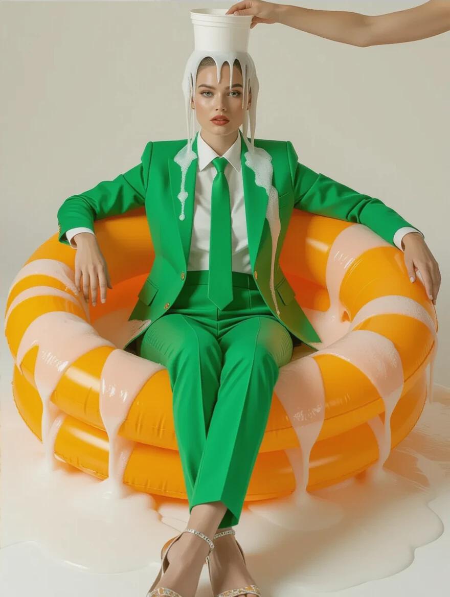 A woman in a green suit sits in an inflatable kiddie pool filled with orange liquid and white foam. The liquid drips from a container held by another person. The woman's clothes are soaked. She looks at the viewer. Bright lighting emphasizes the scene's playfulness. The setting is a simple studio with some plastic sheeting. The atmosphere captures creative chaos.