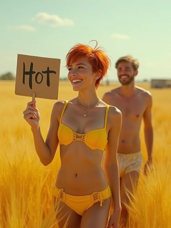 Mid shot of smiling woman with short red hair wearing yellow bikini. One hand holding a sign that says Hot. Other arm covering chest. Male head peeking over her shoulder. Wheat field in background.