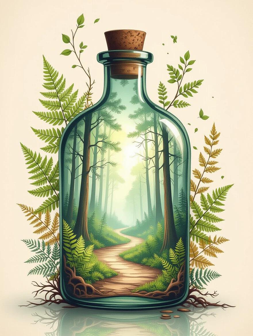 A glass bottle contains an enchanted forest scene. Inside, tall evergreen trees line a winding path that disappears into mist. Soft ethereal light filters through the canopy. The bottle is surrounded by floating botanical elements including fern leaves and small branches. A double exposure effect blends the bottle with natural textures. The style is watercolor and ink with muted earth tones and whimsical fantasy themes.