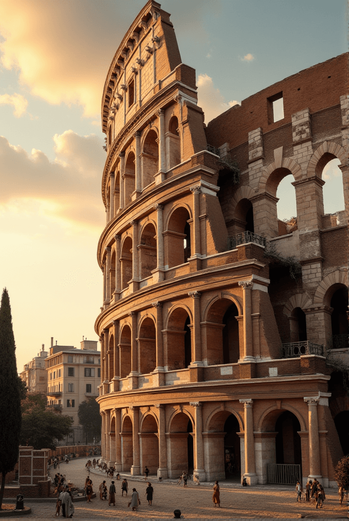 A digitally altered Roman-style amphitheater, with warm evening light casting long shadows and illuminating the intricate architecture.