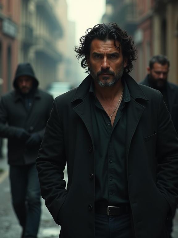 Photorealistic image of a handsome forty-year-old Latin man with thick dark wavy hair captured in a gritty setting. Three cartel gunmen create a mysterious atmosphere. The scene is tense and has a daylight feel. Shot from a distance with a 50mm lens.