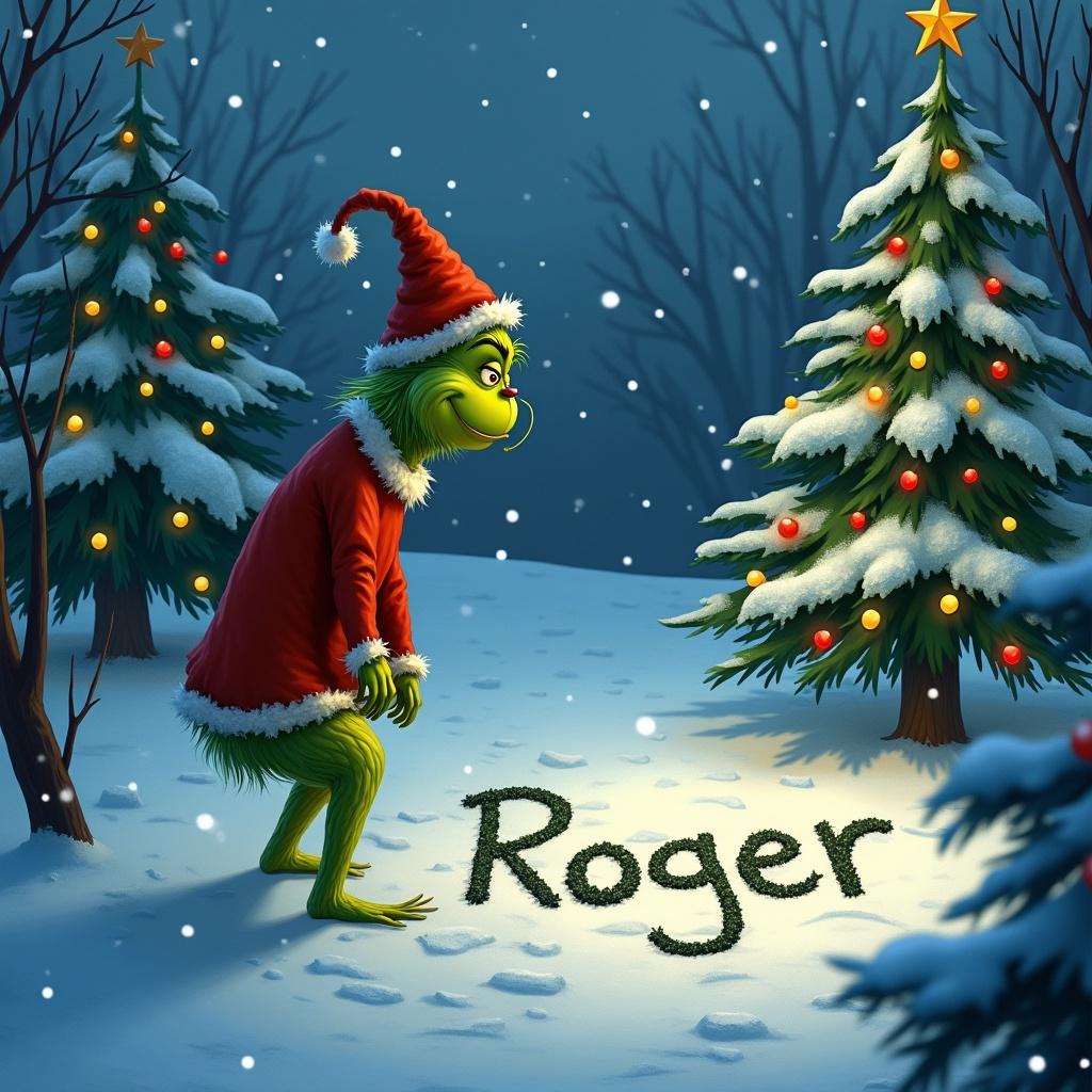 The Grinch stands in the snow surrounded by decorated Christmas trees. The Grinch writes the name Roger in the snow. A whimsical holiday scene is created with lights and a festive atmosphere.