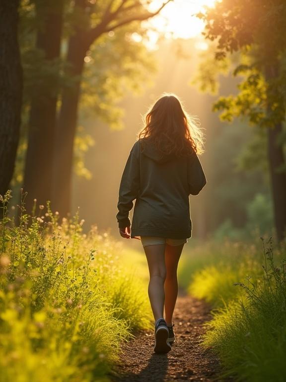 Adult woman walking barefoot on green grass under soft sunlight in a forest or park, conveying a sense of connection, well-being, and energy, in a natural cinematic style.