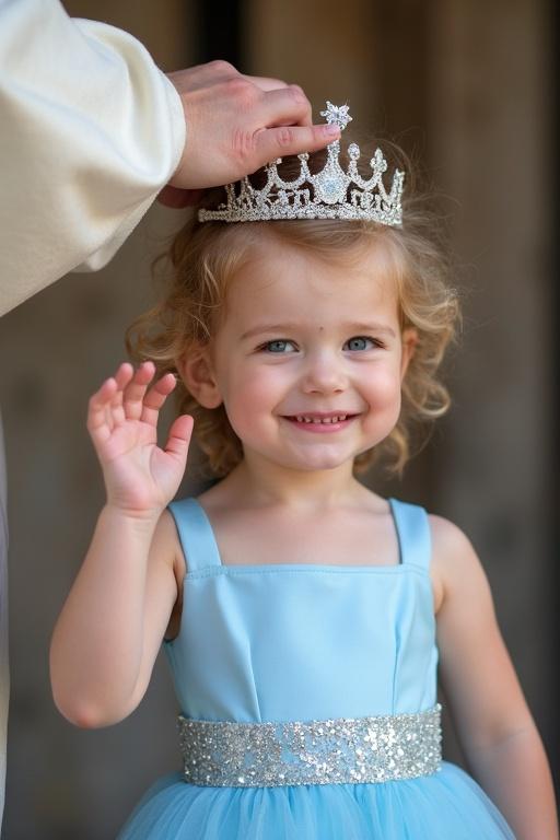 A toddler girl represents a princess during her coronation. She wears a sky blue dress and has a silver ribbon in her hair. A bishop places a crown on her head. She smiles and waves. Her eyes are blue.
